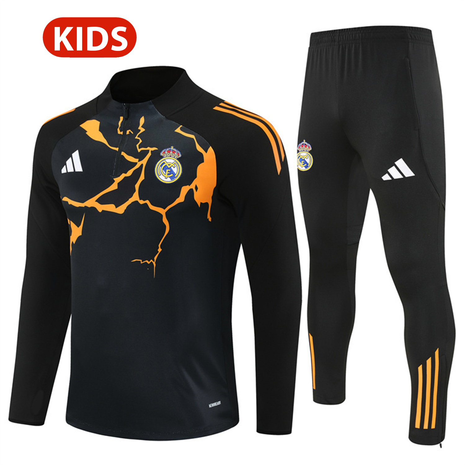 TFK-turbofussballkit-Real Madrid 25-26 Kids Long Sleeve Training Set - Player Version - Yellow Pattern Black Top and Black Pants