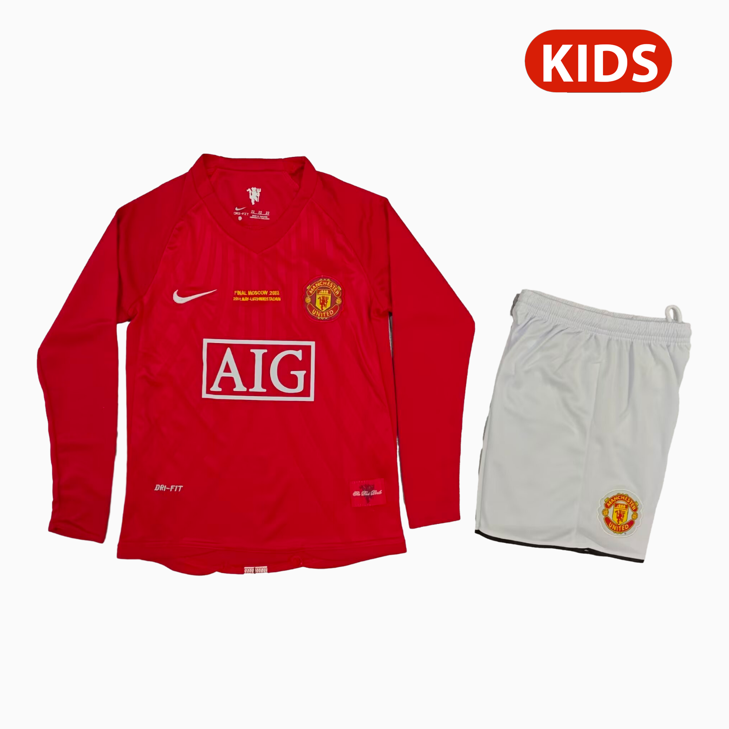 TFK-turbofussballkit-Retro Manchester United 2007-08 Home Long Sleeves Kids Kit