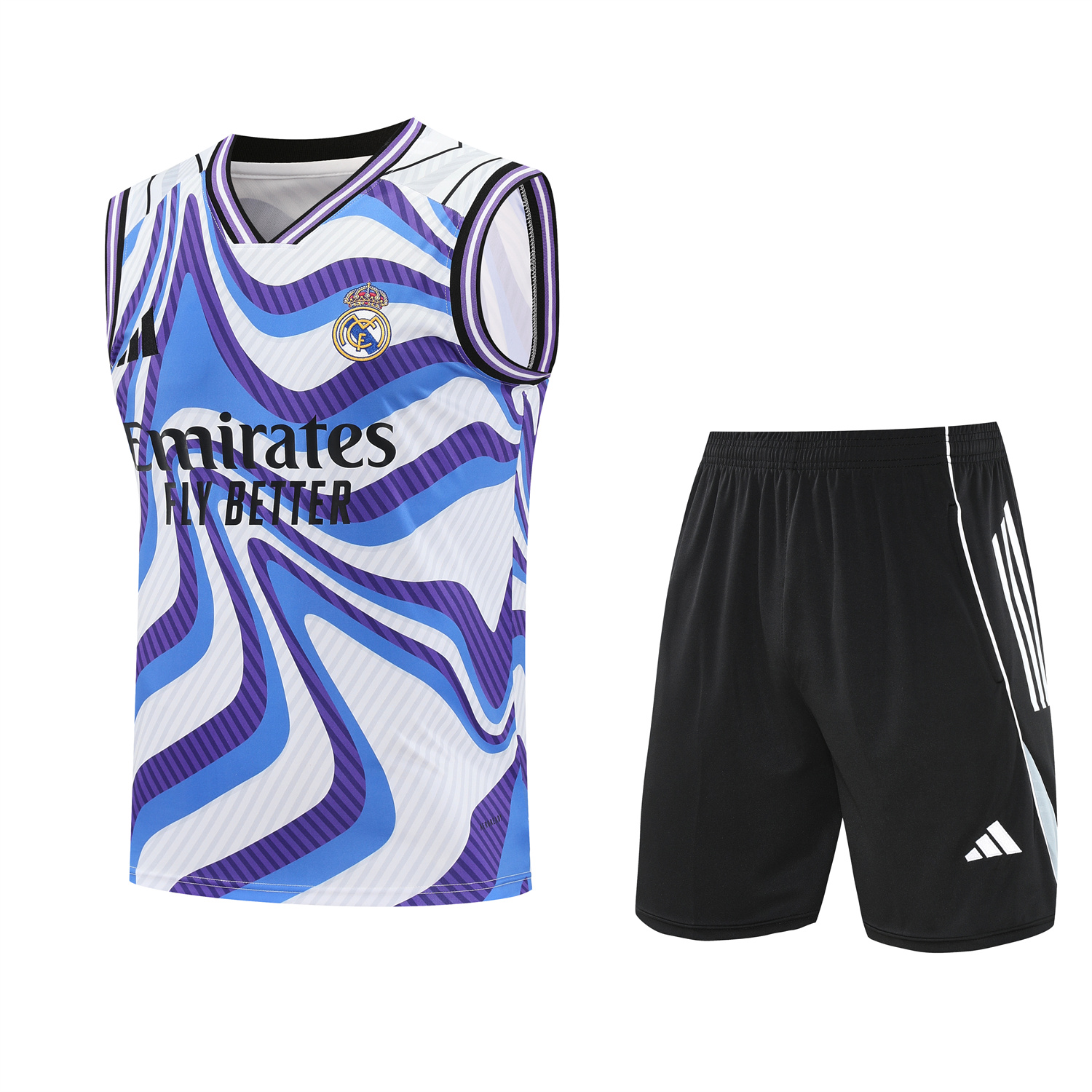 TFK-turbofussballkit-Real Madrid 25-26 Vest Training Set - Blue Purple Curve Pattern Vest & Black Shorts