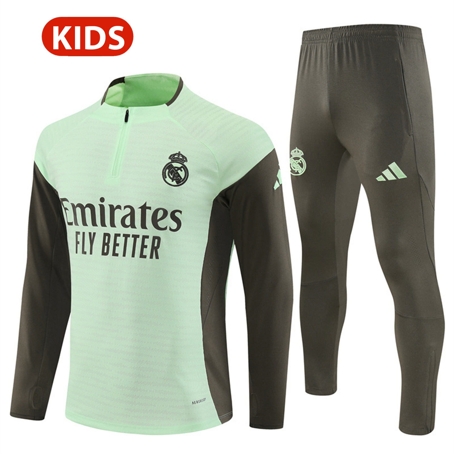 TFK-turbofussballkit-Real Madrid 25-26 Kids Long Sleeve Training Set - Player Version - Light Green Top and Khaki Pants