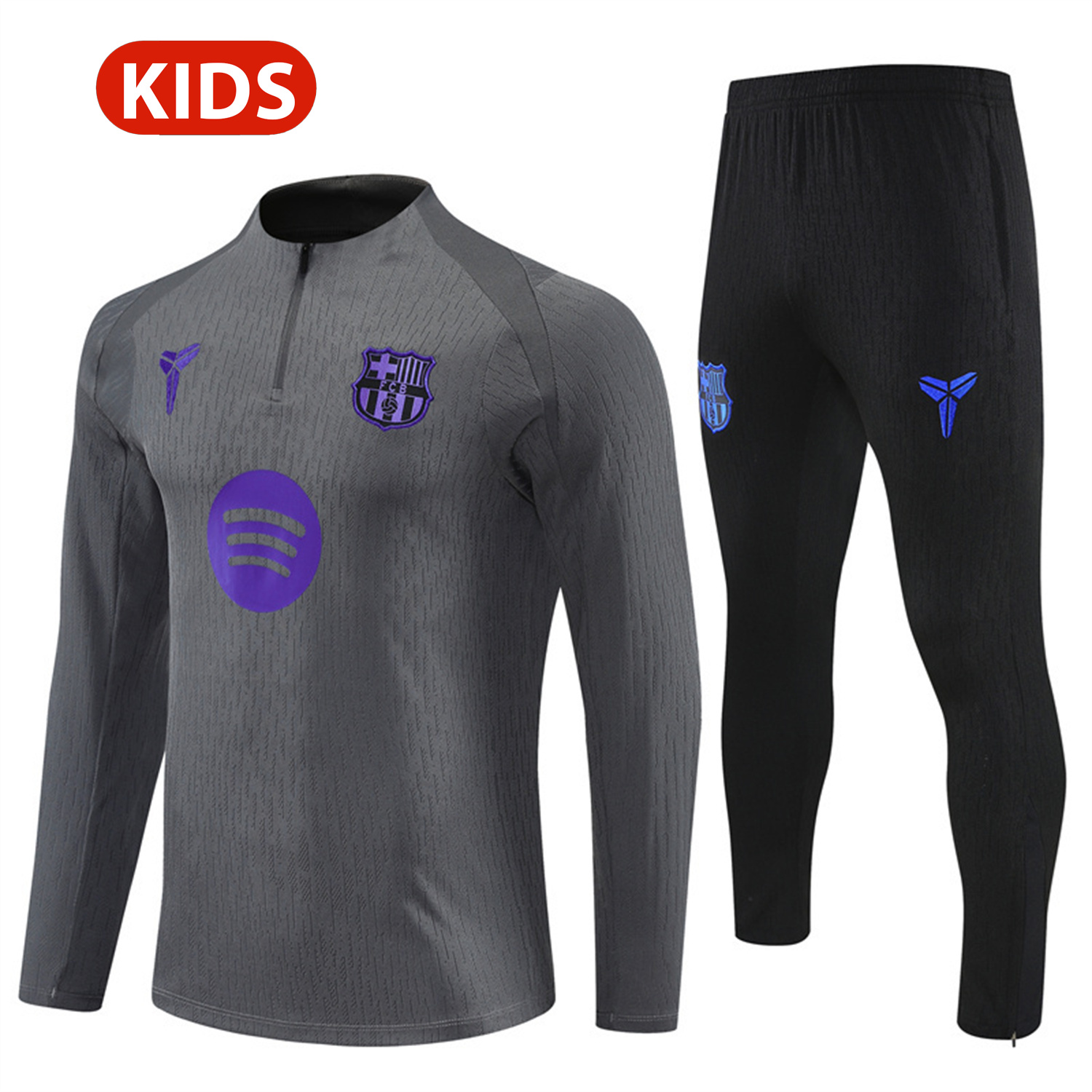 TFK-turbofussballkit-Barcelona 25-26 Kids Long Sleeve Training Set - Grey Top & Black Pants